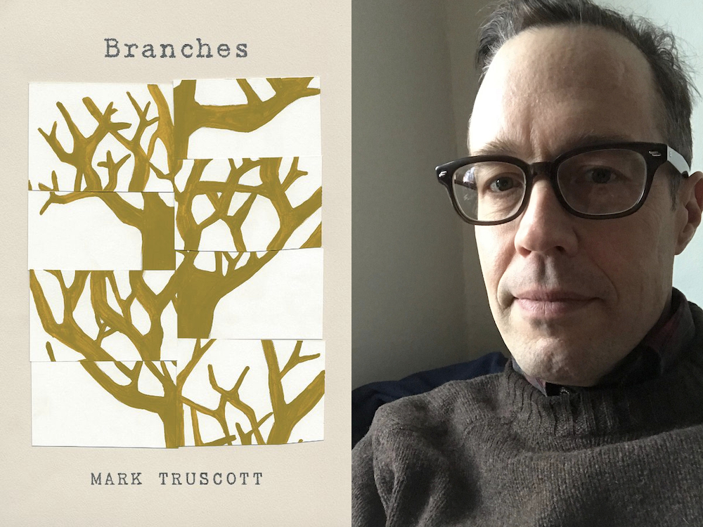 A photo of poet Mark Truscott and his 2018 poetry collection, Branches, which won the 2020 Nelson Ball Prize